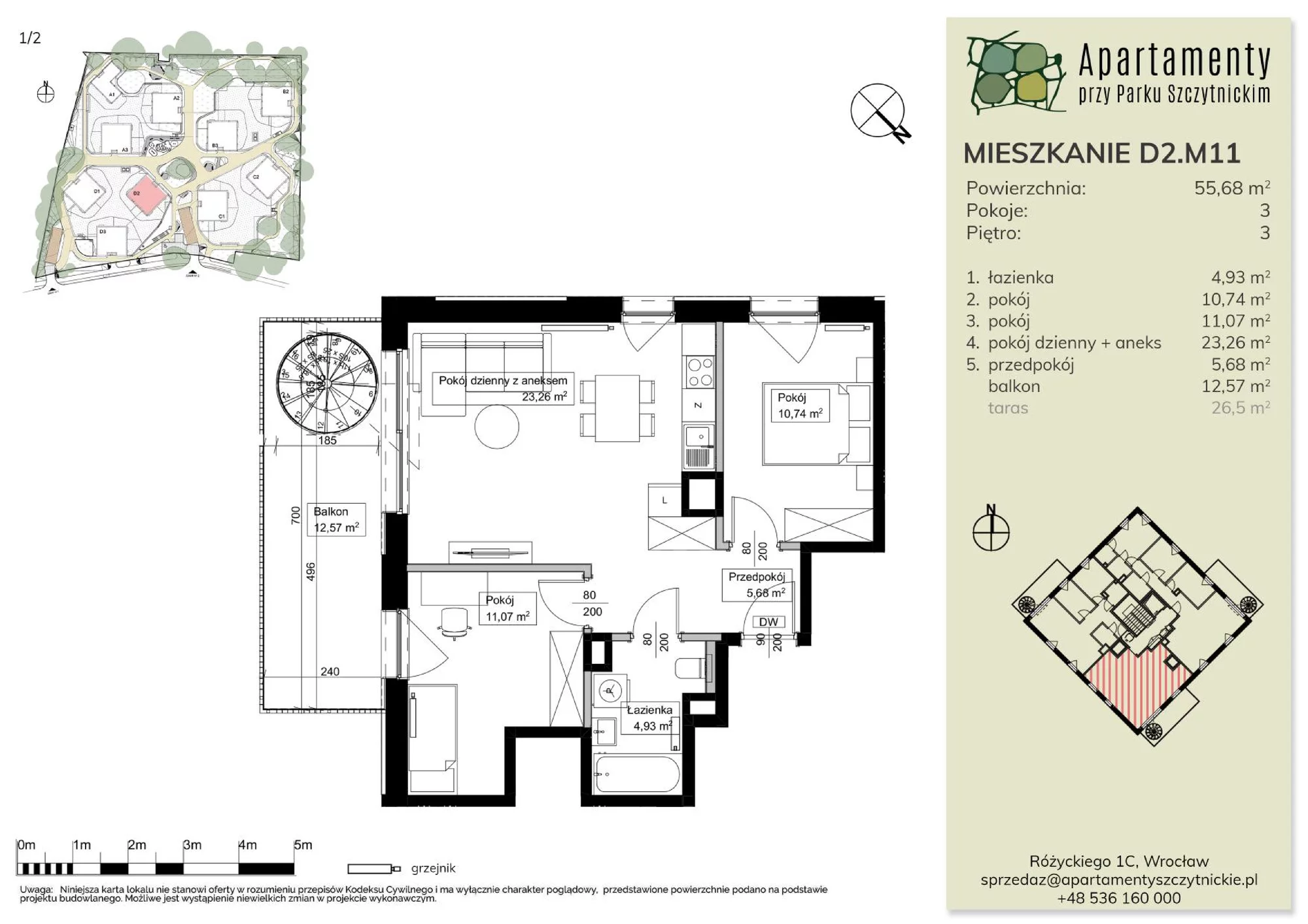 Mieszkanie 55,61 m², piętro 3, oferta nr D2.M11, Apartamenty przy Parku Szczytnickim, Wrocław, Zacisze-Zalesie-Szczytniki, Śródmieście, al. Ludomira Różyckiego 1C