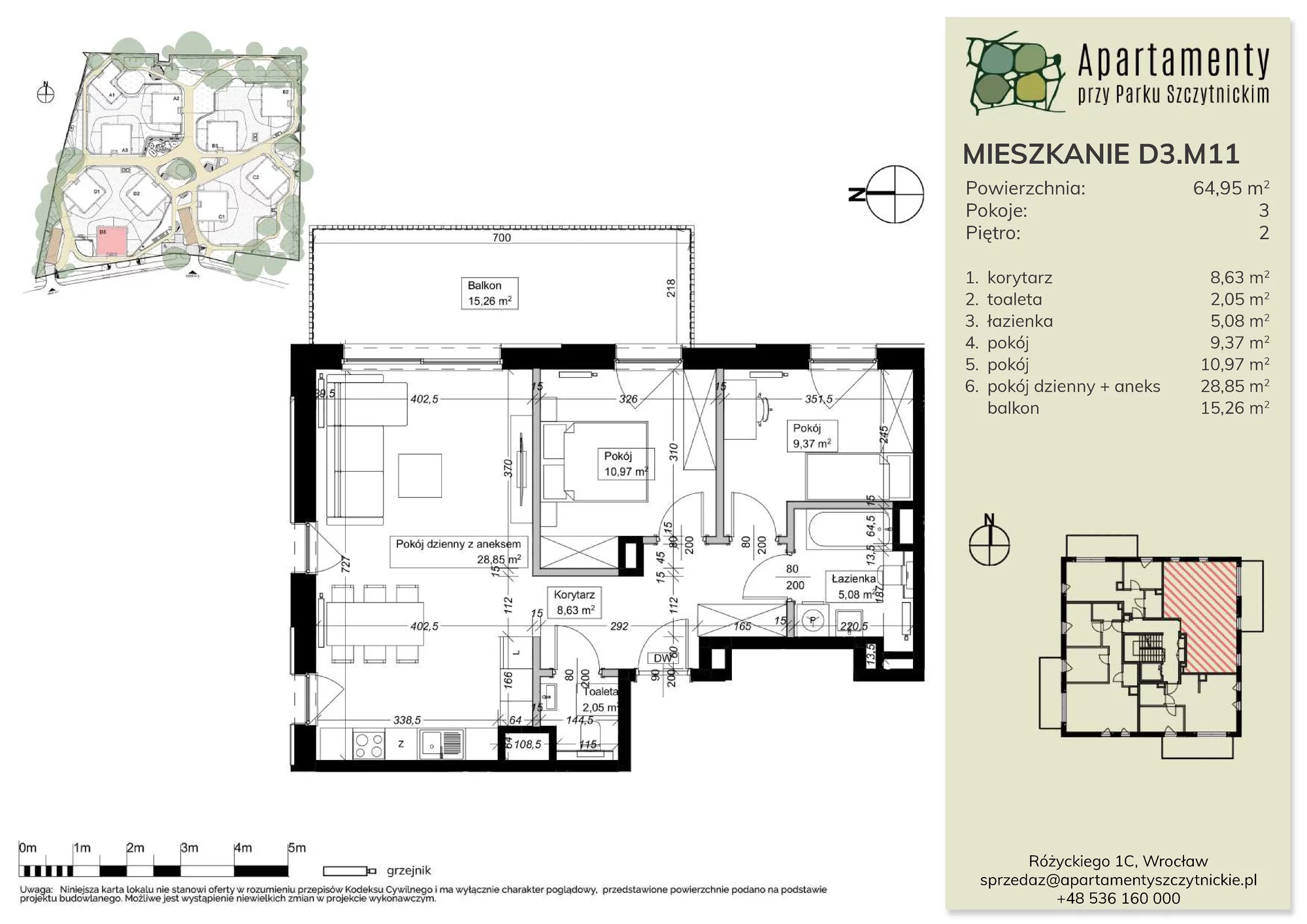 Mieszkanie 65,14 m², piętro 2, oferta nr D3.M11, Apartamenty przy Parku Szczytnickim, Wrocław, Zacisze-Zalesie-Szczytniki, Śródmieście, al. Ludomira Różyckiego 1C