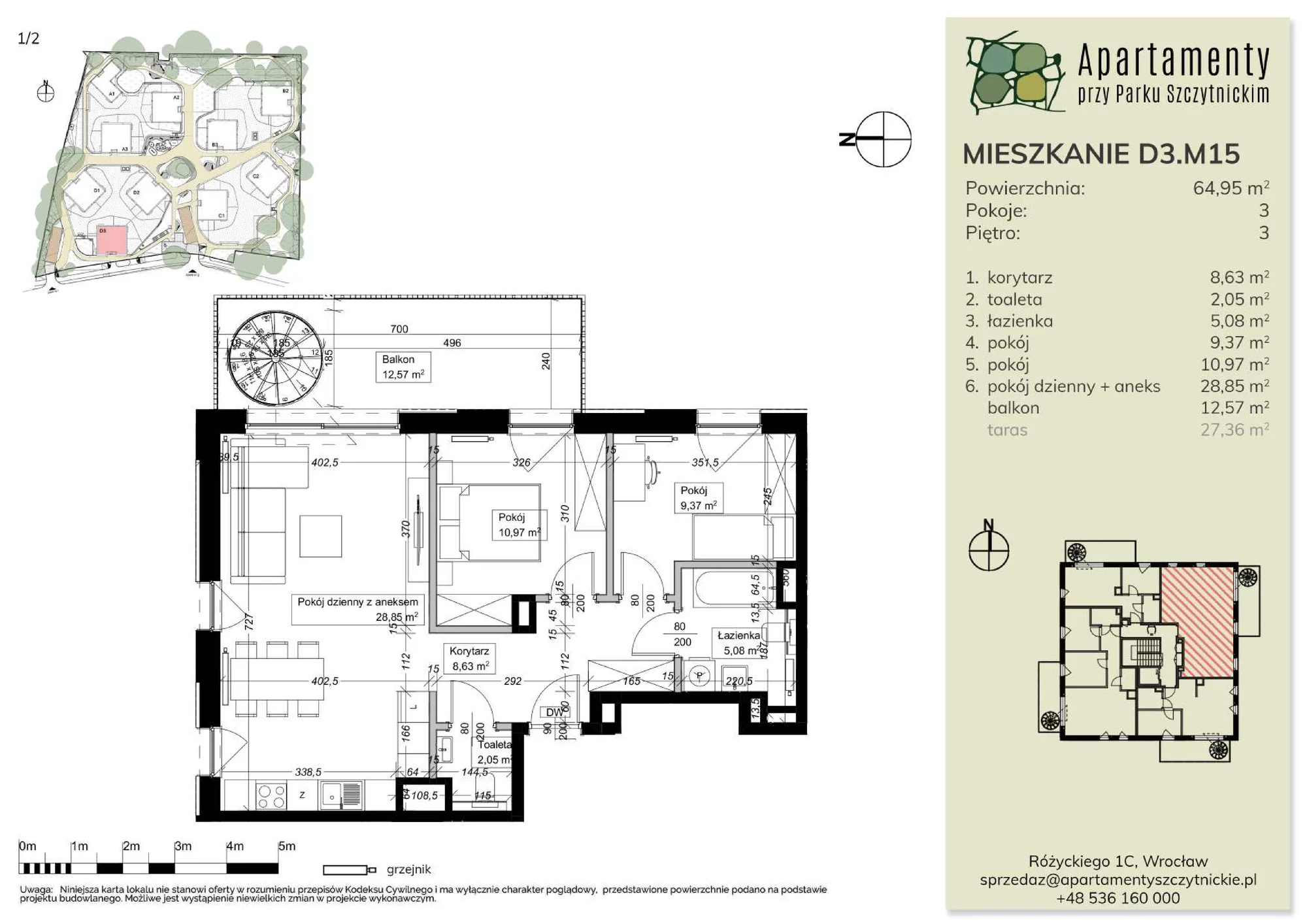 Mieszkanie 65,16 m², piętro 3, oferta nr D3.M15, Apartamenty przy Parku Szczytnickim, Wrocław, Zacisze-Zalesie-Szczytniki, Śródmieście, al. Ludomira Różyckiego 1C