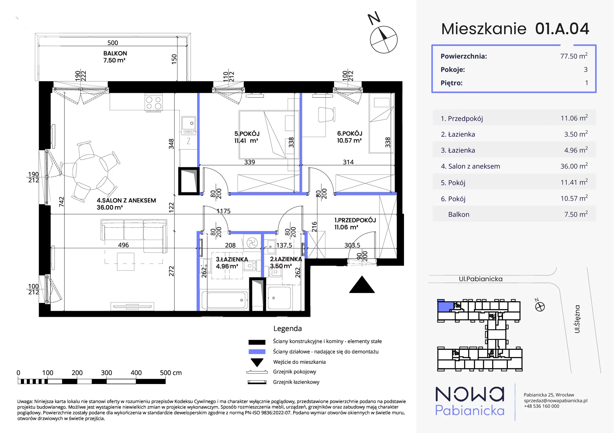 Mieszkanie 77,50 m², piętro 1, oferta nr 01.A.04, Nowa Pabianicka, Wrocław, Krzyki-Partynice, Krzyki, ul. Pabianicka 25