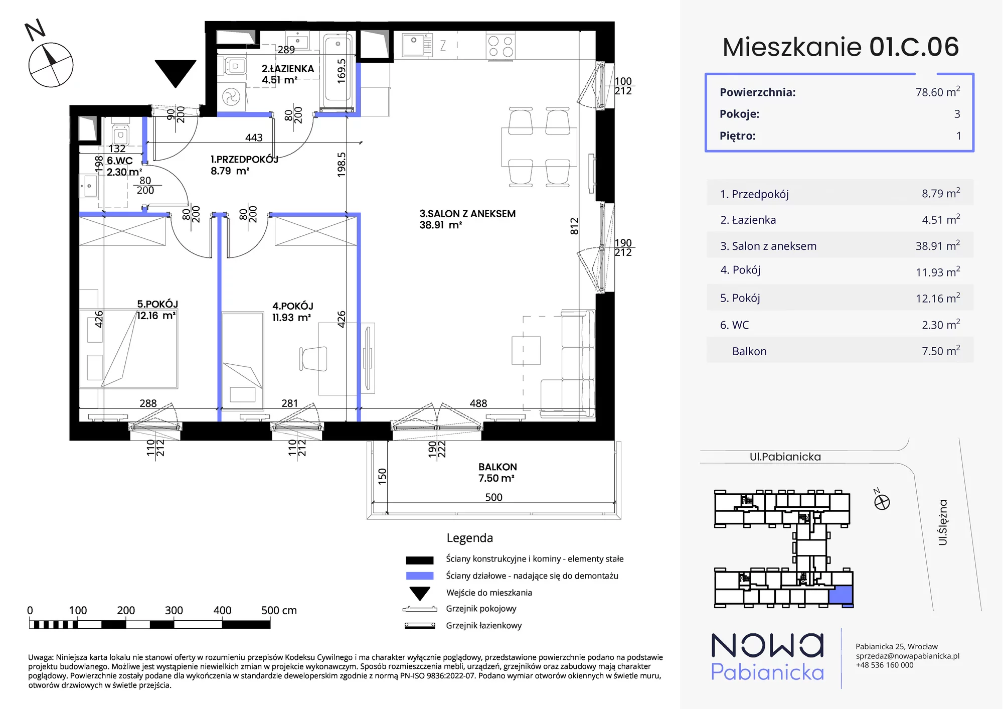 Mieszkanie 78,60 m², piętro 1, oferta nr 01.C.06, Nowa Pabianicka, Wrocław, Krzyki-Partynice, Krzyki, ul. Pabianicka 25