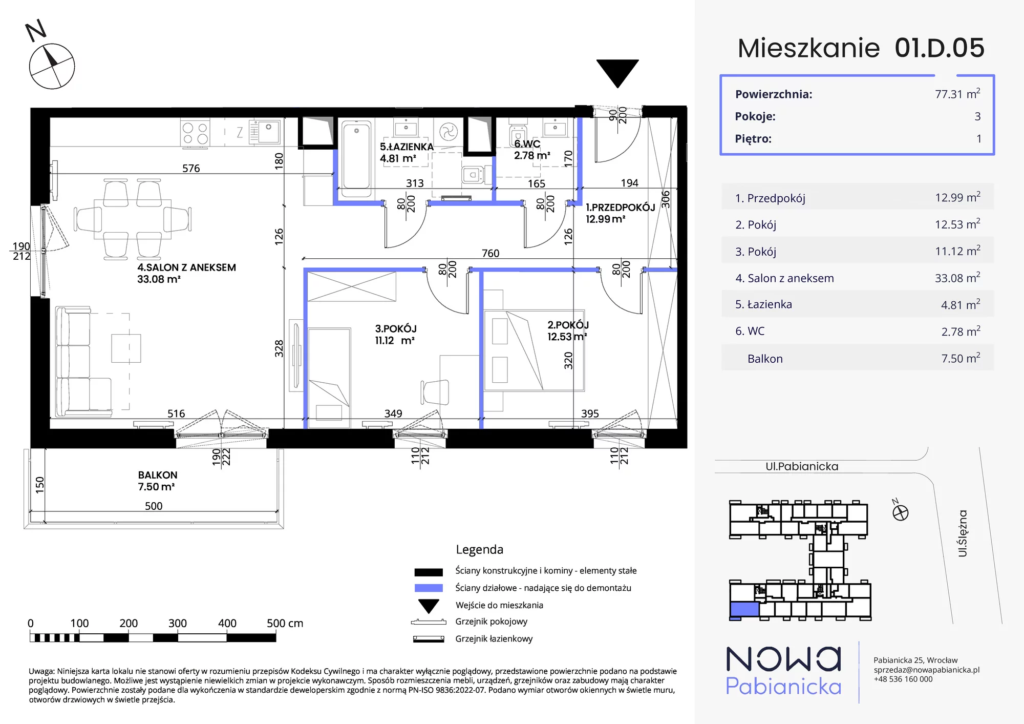 Mieszkanie 77,31 m², piętro 1, oferta nr 01.D.05, Nowa Pabianicka, Wrocław, Krzyki-Partynice, Krzyki, ul. Pabianicka 25-idx