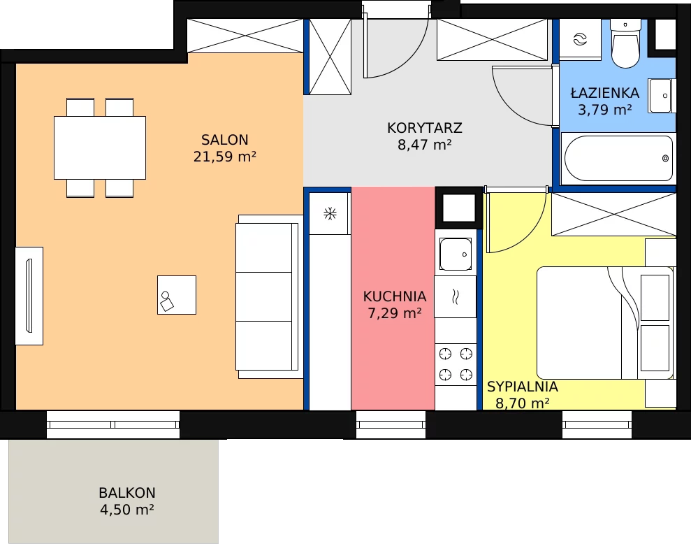 Zalety mieszkania 49.84 m², 01.A.02