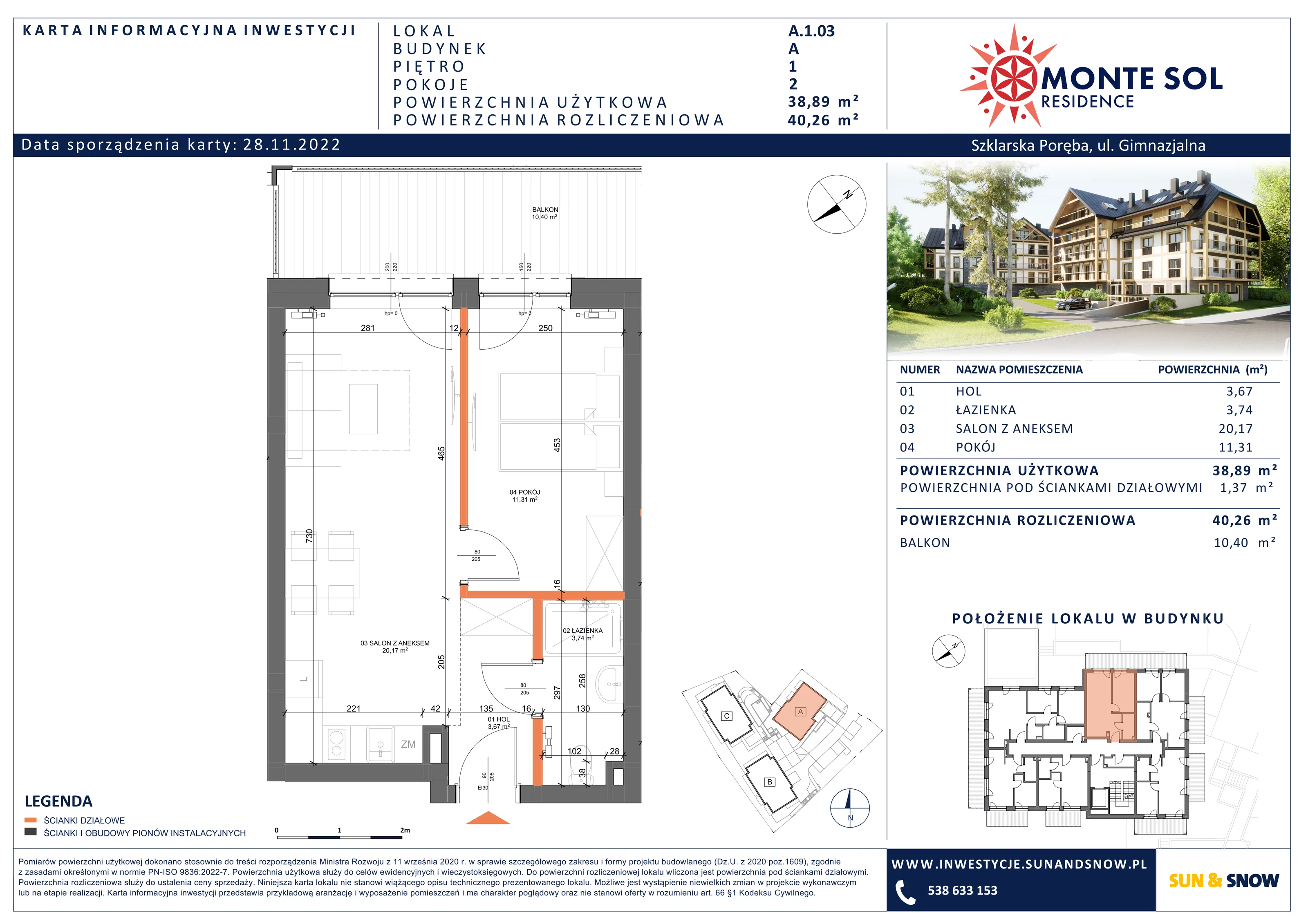 Apartament 40,26 m², piętro 1, oferta nr A.1.03, Monte Sol Residence, Szklarska Poręba, ul. Gimnazjalna 4