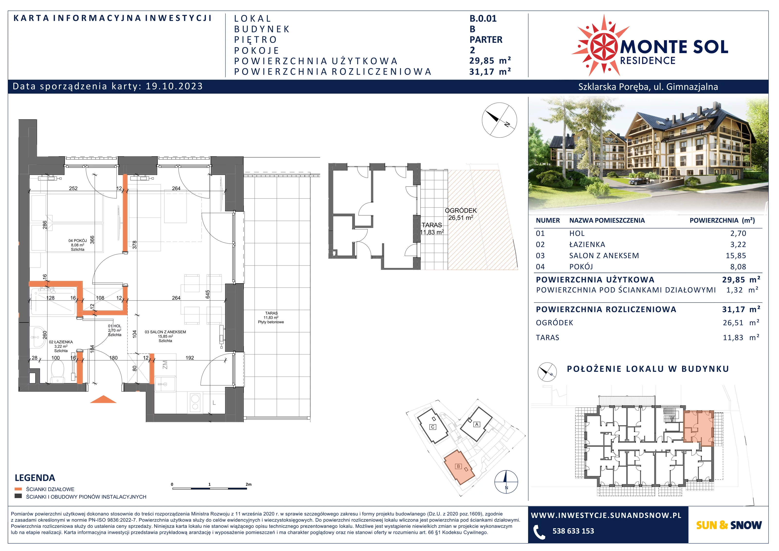 Apartament 31,17 m², parter, oferta nr B.0.01, Monte Sol Residence, Szklarska Poręba, ul. Gimnazjalna 4