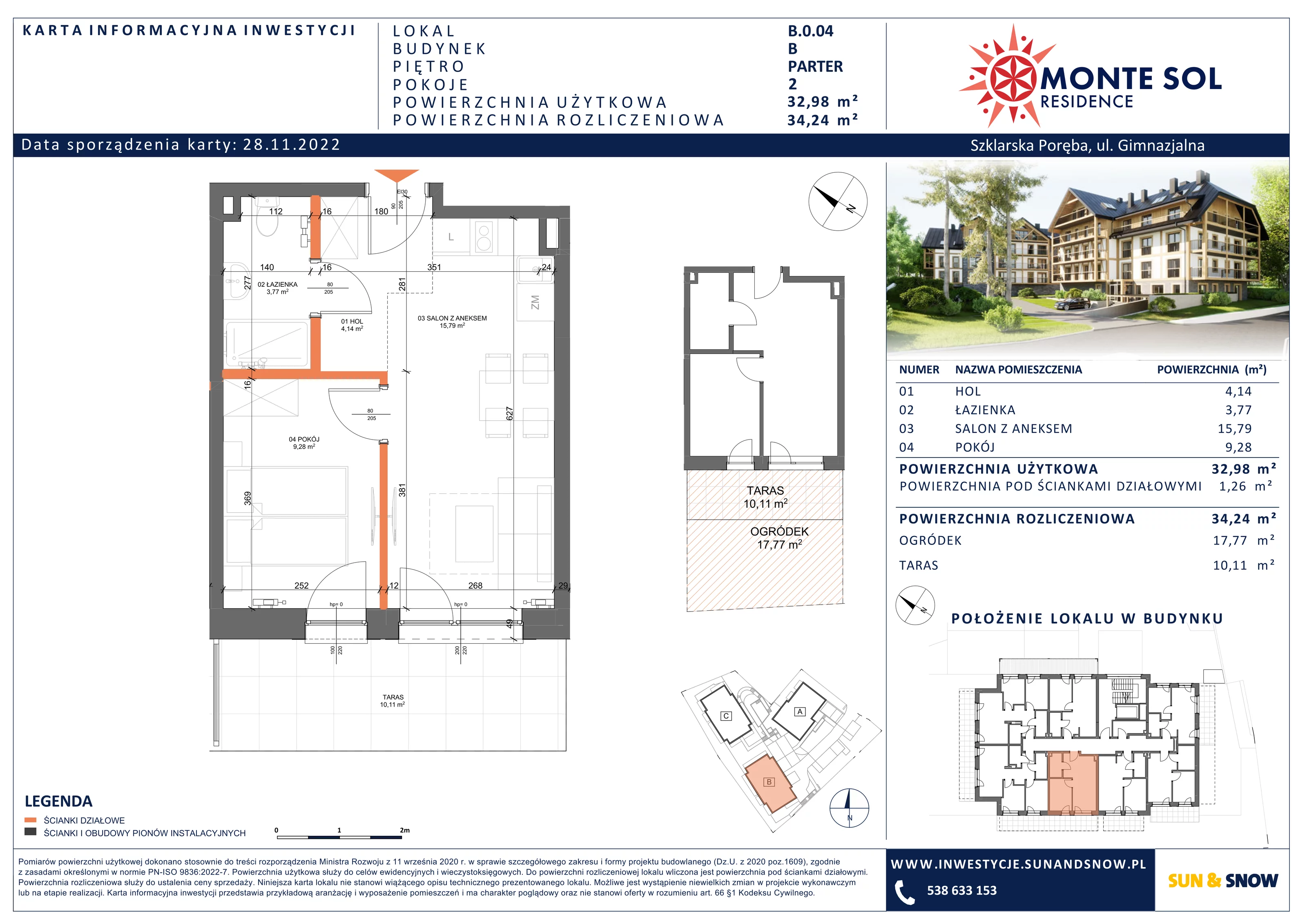 Apartament 34,24 m², parter, oferta nr B.0.04, Monte Sol Residence, Szklarska Poręba, ul. Gimnazjalna 4