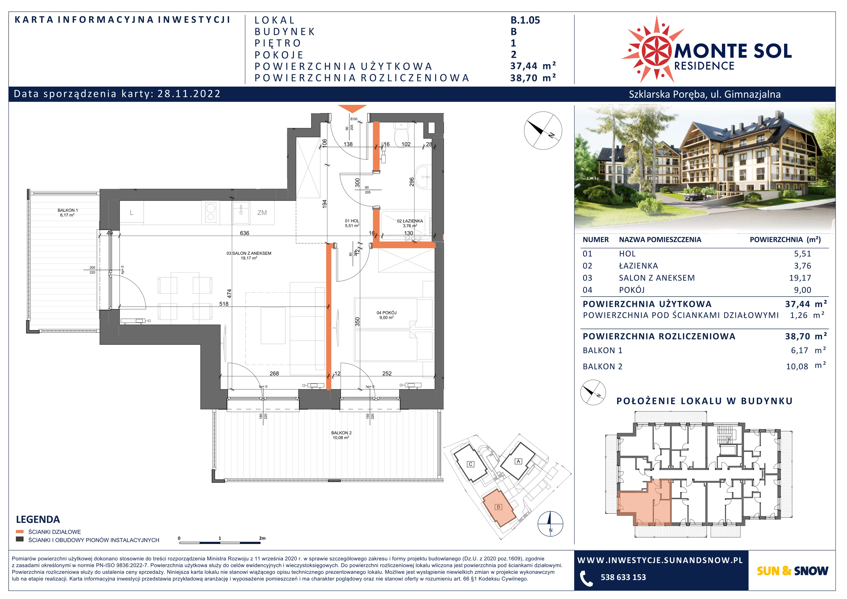 Apartament 38,70 m², piętro 1, oferta nr B.1.05, Monte Sol Residence, Szklarska Poręba, ul. Gimnazjalna 4