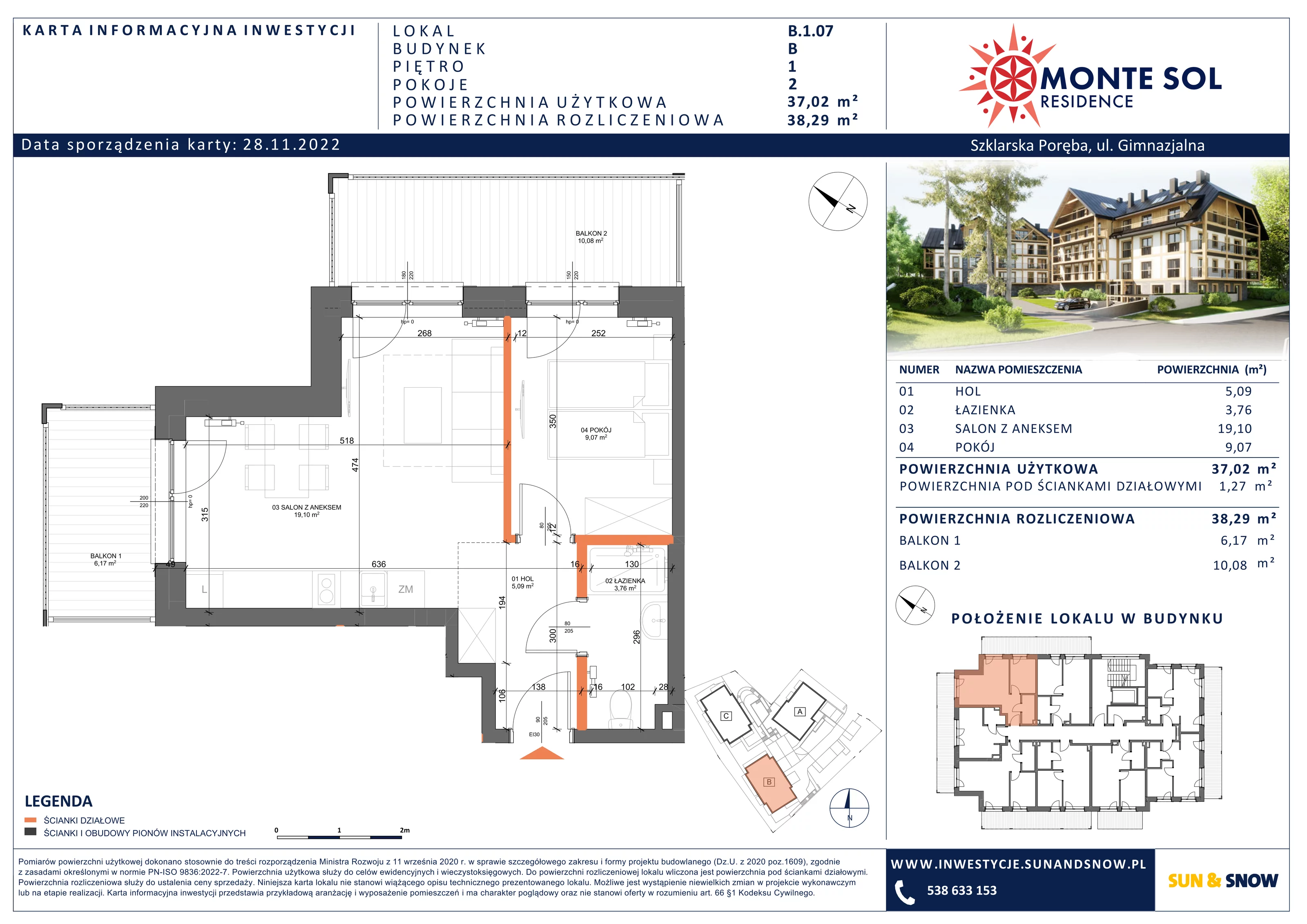 Apartament 38,29 m², piętro 1, oferta nr B.1.07, Monte Sol Residence, Szklarska Poręba, ul. Gimnazjalna 4