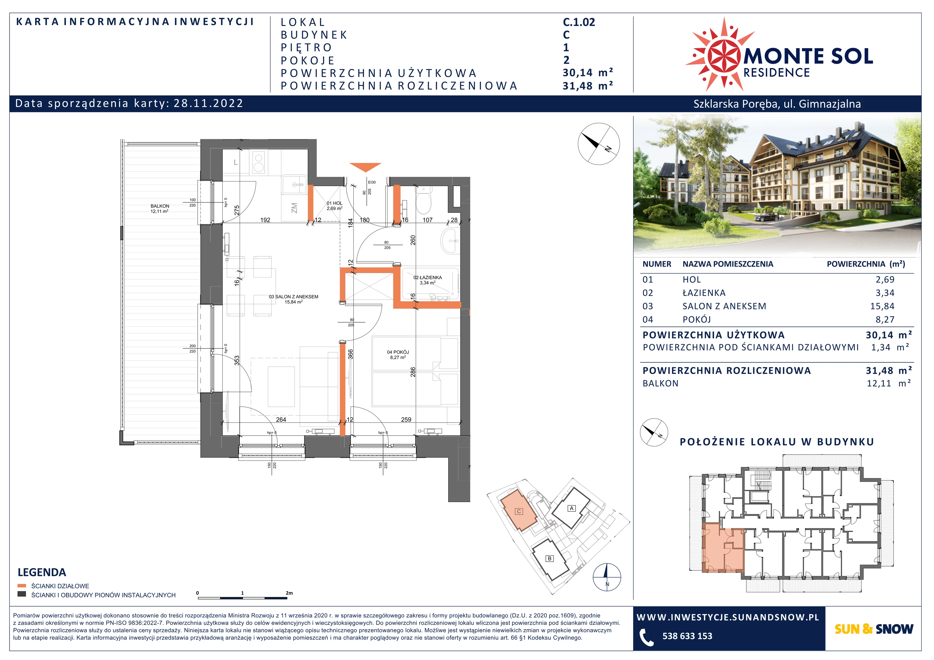 Apartament 31,48 m², piętro 1, oferta nr C.1.02, Monte Sol Residence, Szklarska Poręba, ul. Gimnazjalna 4