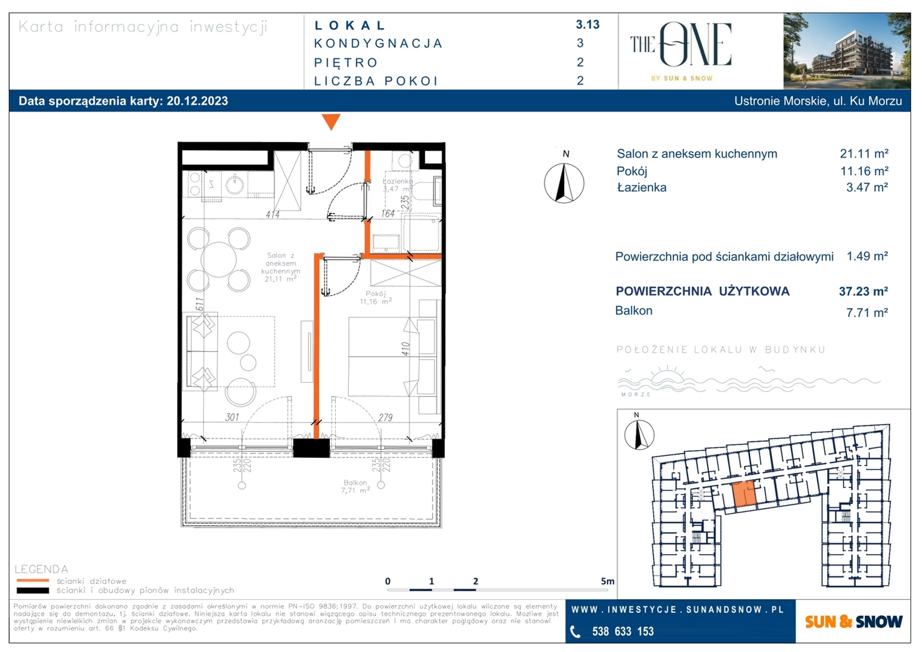 Apartament 37,23 m², piętro 2, oferta nr M/3/13, The One, Ustronie Morskie, ul. Ku Morzu 4