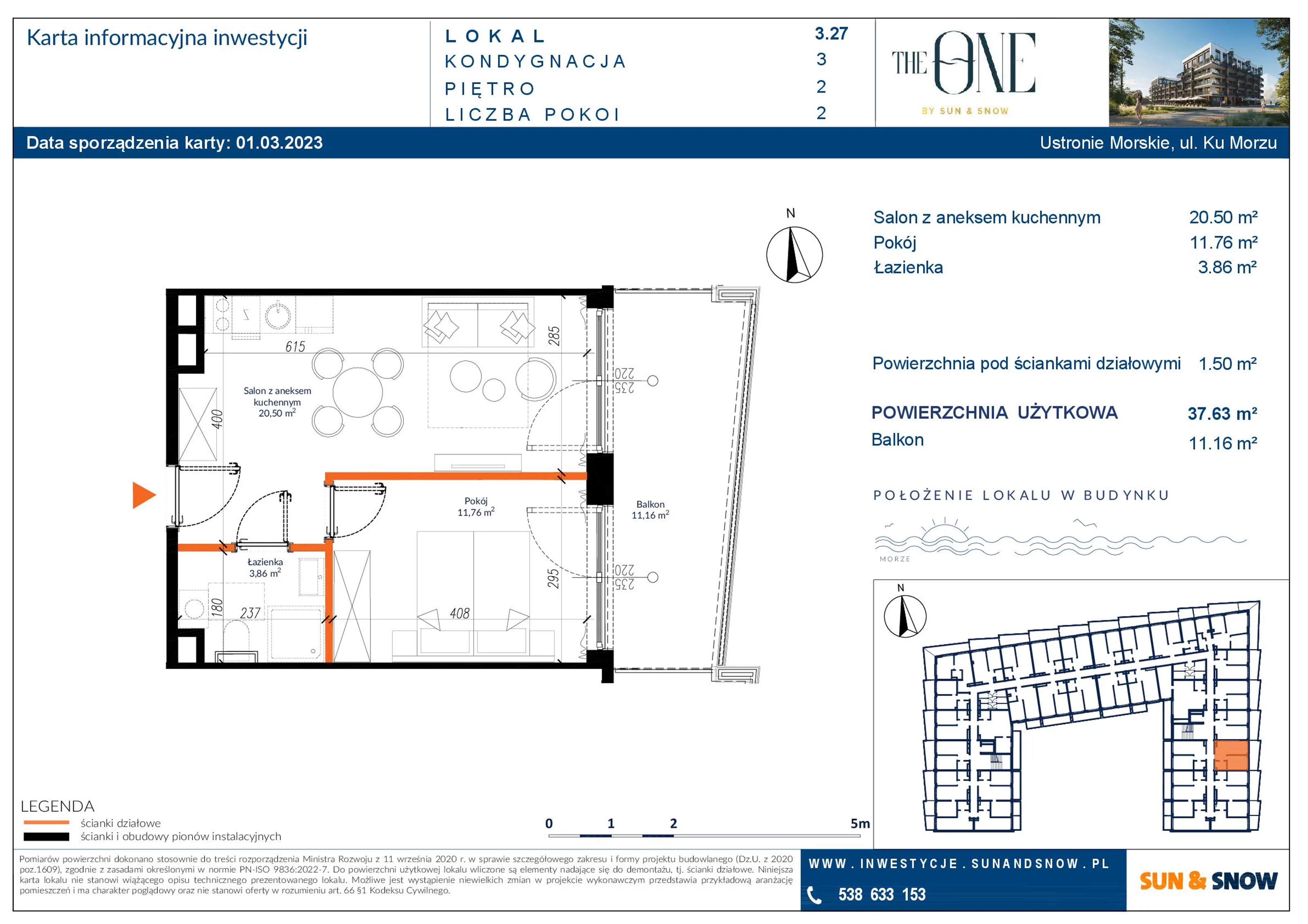 Apartament 37,63 m², piętro 2, oferta nr M/3/27, The One, Ustronie Morskie, ul. Ku Morzu 4