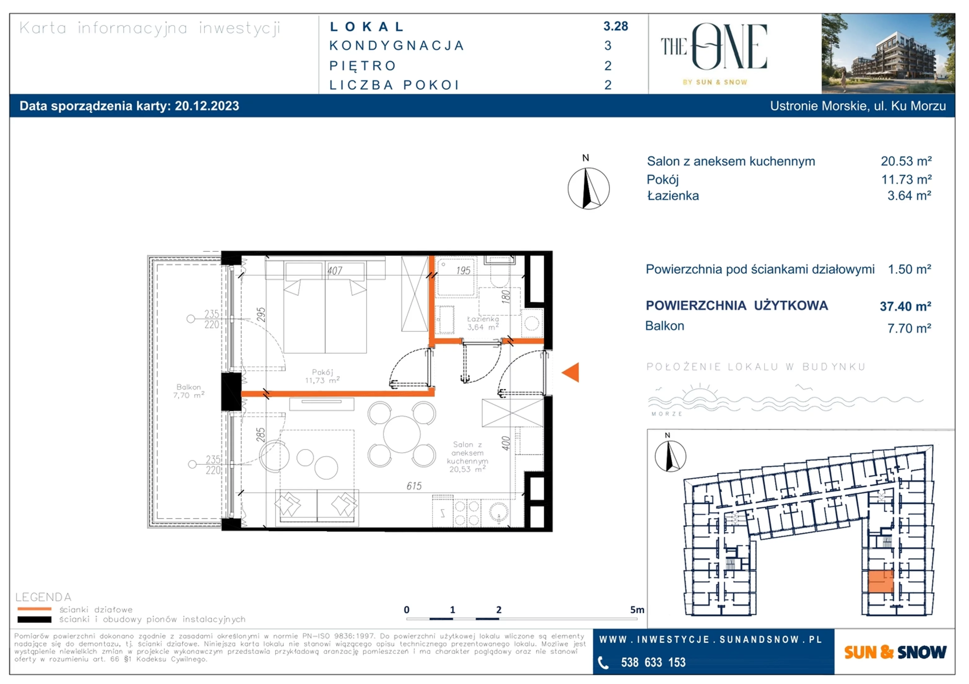 Apartament 37,40 m², piętro 2, oferta nr M/3/28, The One, Ustronie Morskie, ul. Ku Morzu 4