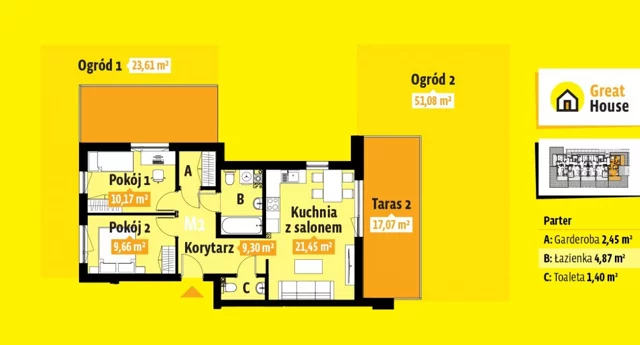 Apartament na sprzedaż, 61,67 m², 2 pokoje, parter, oferta nr GH312801