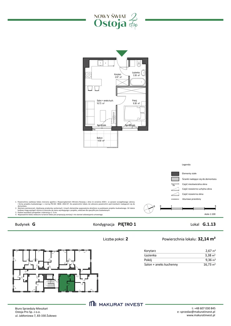 2 pokoje, mieszkanie 32,14 m², piętro 1, oferta nr G.1.13, Nowy Świat Ostoja II etap - budynki E, F, G, Gdańsk, Barniewice, ul. Malinowa