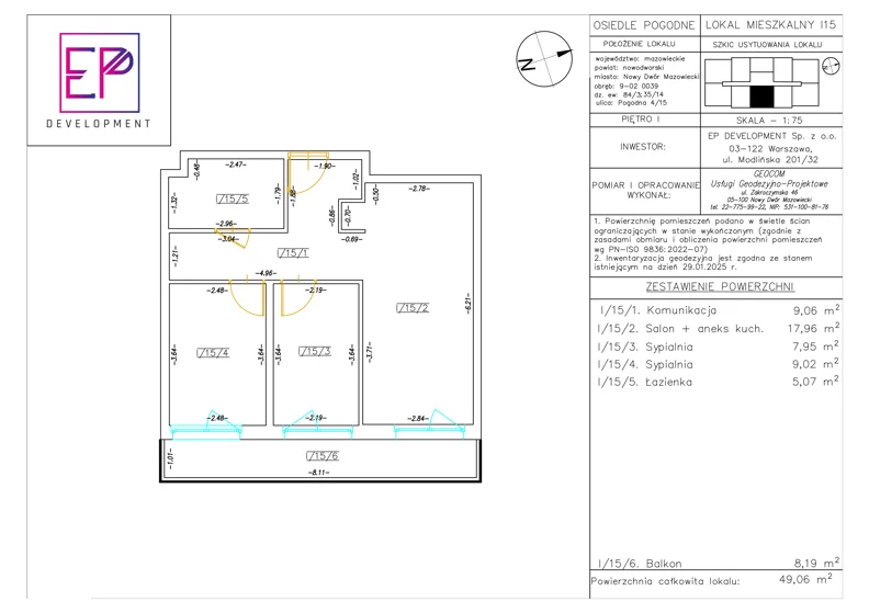 3 pokoje, mieszkanie 49,06 m², piętro 1, oferta nr i15, Osiedle Pogodne, NOWY ETAP bud. I, J, Nowy Dwór Mazowiecki, Nowodworzanka, ul. Pogodna / Leśna / Dębowa