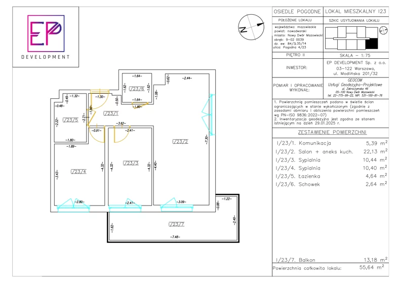 3 pokoje, mieszkanie 55,64 m², piętro 2, oferta nr i23, Osiedle Pogodne, NOWY ETAP bud. I, J, Nowy Dwór Mazowiecki, Nowodworzanka, ul. Pogodna / Leśna / Dębowa
