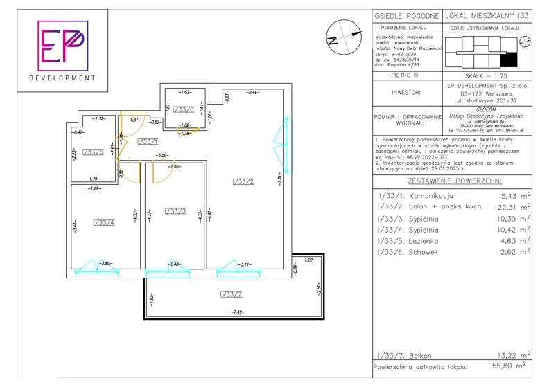 3 pokoje, mieszkanie 55,80 m², piętro 3, oferta nr i33, Osiedle Pogodne, NOWY ETAP bud. I, J, Nowy Dwór Mazowiecki, Nowodworzanka, ul. Pogodna / Leśna / Dębowa