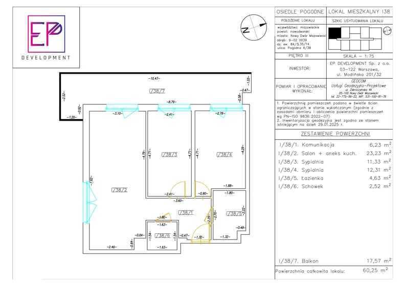 3 pokoje, mieszkanie 60,25 m², piętro 3, oferta nr i38, Osiedle Pogodne, NOWY ETAP bud. I, J, Nowy Dwór Mazowiecki, Nowodworzanka, ul. Pogodna / Leśna / Dębowa