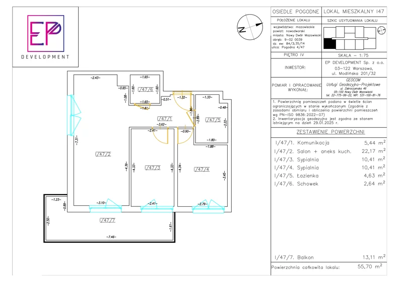 3 pokoje, mieszkanie 55,70 m², piętro 4, oferta nr i47, Osiedle Pogodne, NOWY ETAP bud. I, J, Nowy Dwór Mazowiecki, Nowodworzanka, ul. Pogodna / Leśna / Dębowa