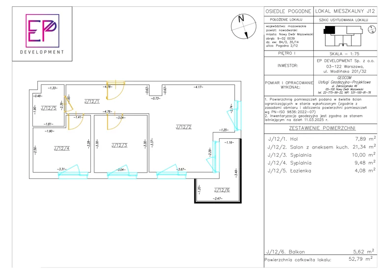 3 pokoje, mieszkanie 52,79 m², piętro 1, oferta nr J12, Osiedle Pogodne, NOWY ETAP bud. I, J, Nowy Dwór Mazowiecki, Nowodworzanka, ul. Pogodna / Leśna / Dębowa
