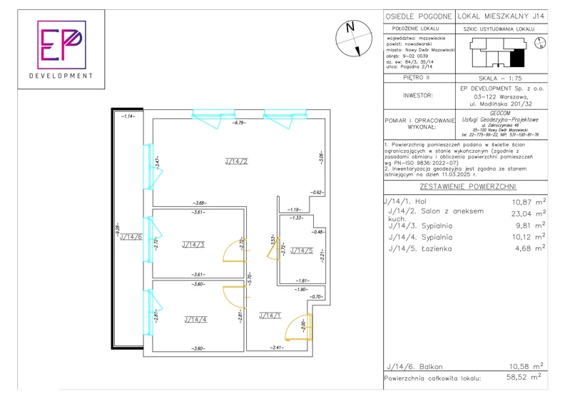 3 pokoje, mieszkanie 58,52 m², piętro 2, oferta nr J14, Osiedle Pogodne, NOWY ETAP bud. I, J, Nowy Dwór Mazowiecki, Nowodworzanka, ul. Pogodna / Leśna / Dębowa