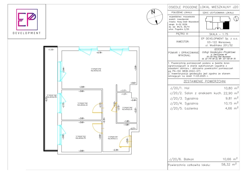 3 pokoje, mieszkanie 58,32 m², piętro 3, oferta nr J20, Osiedle Pogodne, NOWY ETAP bud. I, J, Nowy Dwór Mazowiecki, Nowodworzanka, ul. Pogodna / Leśna / Dębowa