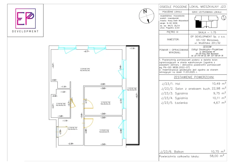 3 pokoje, mieszkanie 58,00 m², piętro 3, oferta nr J23, Osiedle Pogodne, NOWY ETAP bud. I, J, Nowy Dwór Mazowiecki, Nowodworzanka, ul. Pogodna / Leśna / Dębowa