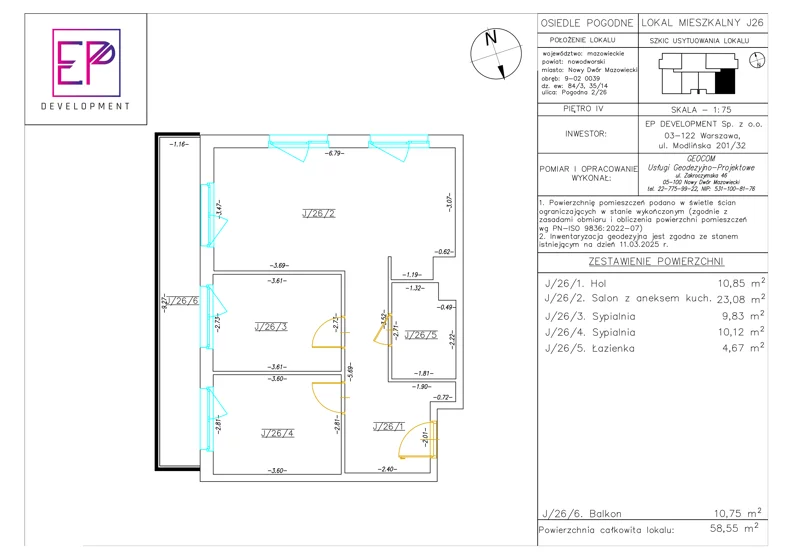 3 pokoje, mieszkanie 58,55 m², piętro 4, oferta nr J26, Osiedle Pogodne, NOWY ETAP bud. I, J, Nowy Dwór Mazowiecki, Nowodworzanka, ul. Pogodna / Leśna / Dębowa