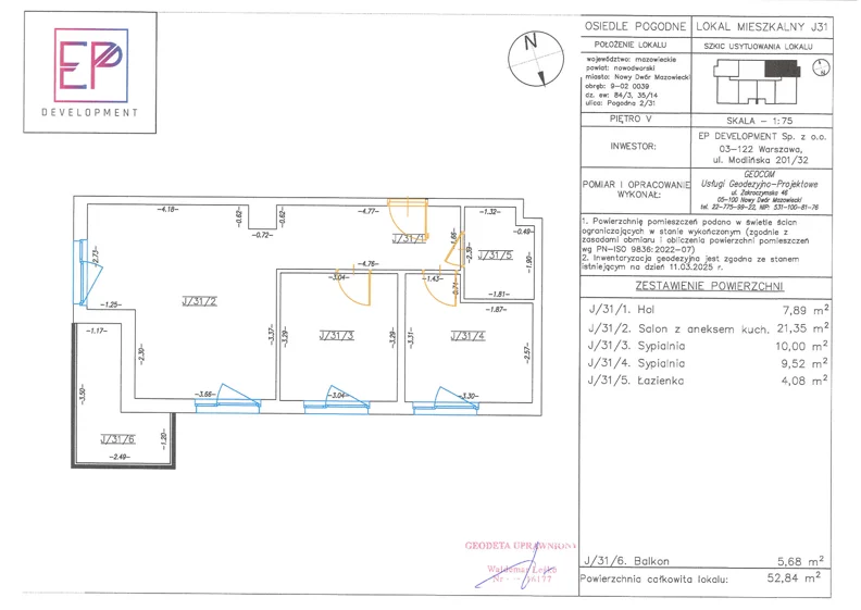 3 pokoje, mieszkanie 52,84 m², piętro 5, oferta nr J31, Osiedle Pogodne, NOWY ETAP bud. I, J, Nowy Dwór Mazowiecki, Nowodworzanka, ul. Pogodna / Leśna / Dębowa