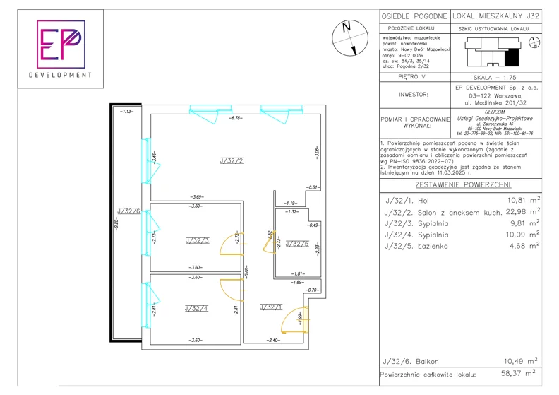 3 pokoje, mieszkanie 58,37 m², piętro 5, oferta nr J32, Osiedle Pogodne, NOWY ETAP bud. I, J, Nowy Dwór Mazowiecki, Nowodworzanka, ul. Pogodna / Leśna / Dębowa