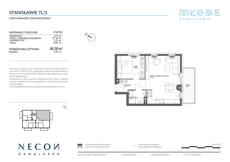2 pokoje, mieszkanie 46,58 m², piętro 1, oferta nr B11-3, Młode Stanisławie - bud B10, B11, Stanisławie, ul. Stanisławie 7A