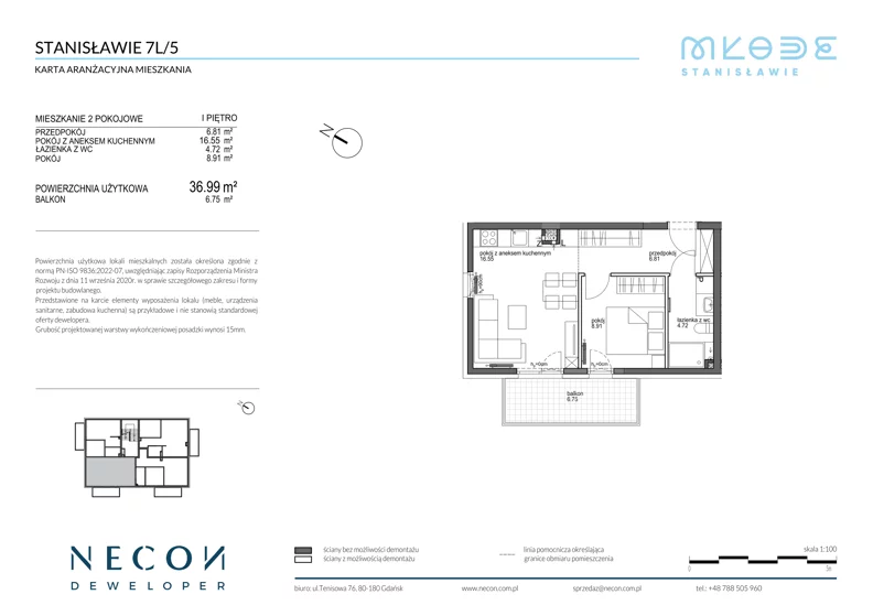 2 pokoje, mieszkanie 36,99 m², piętro 1, oferta nr B11-5, Młode Stanisławie - bud B10, B11, Stanisławie, ul. Stanisławie 7A