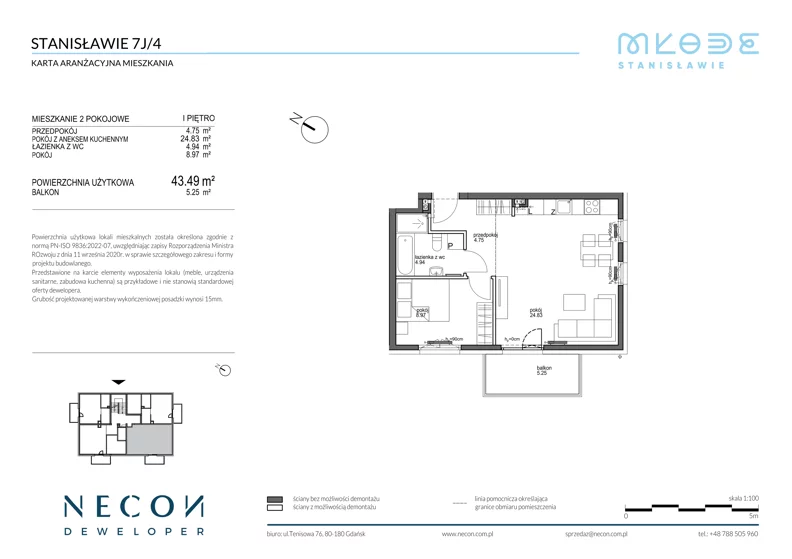 2 pokoje, mieszkanie 43,49 m², piętro 1, oferta nr B9-4, Młode Stanisławie - bud B8, B9, Stanisławie, ul. Stanisławie 7A
