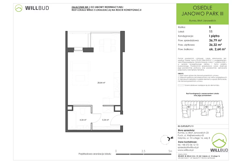 1 pokój, mieszkanie 36,32 m², piętro 1, oferta nr OJP3/B/P1/11, Osiedle Janowo Park III - etap B i C , Rumia, Janowo, ul. Błoń Janowskich