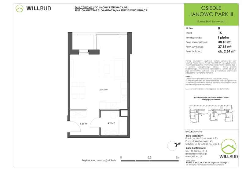 1 pokój, mieszkanie 37,89 m², piętro 1, oferta nr OJP3/B/P1/15, Osiedle Janowo Park III - etap B i C , Rumia, Janowo, ul. Błoń Janowskich