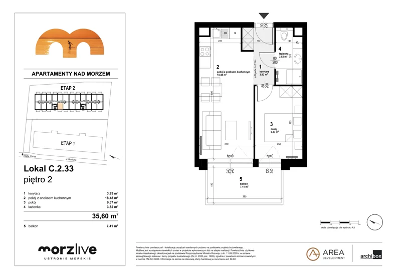 2 pokoje, mieszkanie 35,60 m², piętro 2, oferta nr C.2.33, Morzlive etap 2, Ustronie Morskie, ul. Graniczna 4