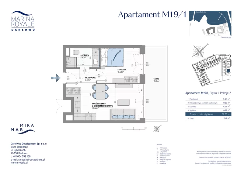 2 pokoje, lokal inwestycyjny 37,64 m², piętro 1, oferta nr M19/1, Marina Royale, Darłowo, ul. Bulwar Zachodzącego Słońca 1
