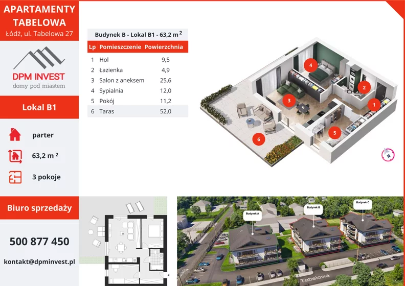 3 pokoje, mieszkanie 63,20 m², parter, oferta nr B1, Apartamenty Tabelowa - Budynek B, Łódź, Górna, ul. Tabelowa 27