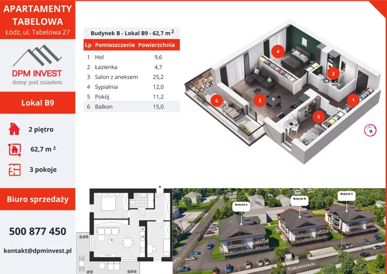3 pokoje, mieszkanie 62,70 m², piętro 2, oferta nr B9, Apartamenty Tabelowa - Budynek B, Łódź, Górna, ul. Tabelowa 27