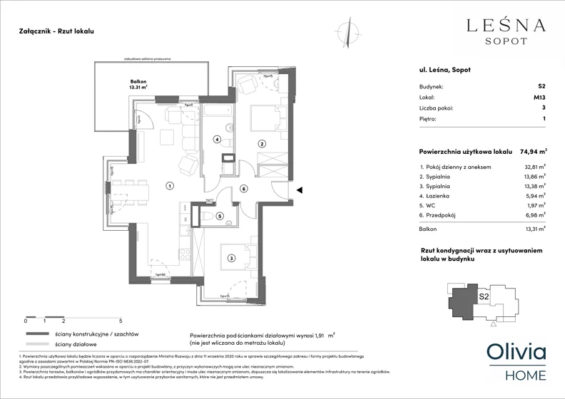 3 pokoje, mieszkanie 74,94 m², piętro 1, oferta nr s2.1.13, Leśna Sopot, Sopot, Świemirowo, ul. Leśna 13
