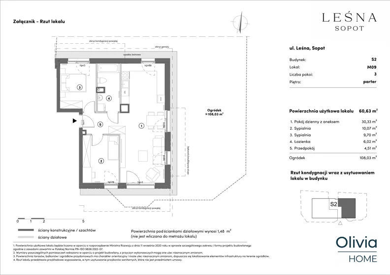 3 pokoje, mieszkanie 60,63 m², parter, oferta nr s2.0.09, Leśna Sopot, Sopot, Świemirowo, ul. Leśna 13