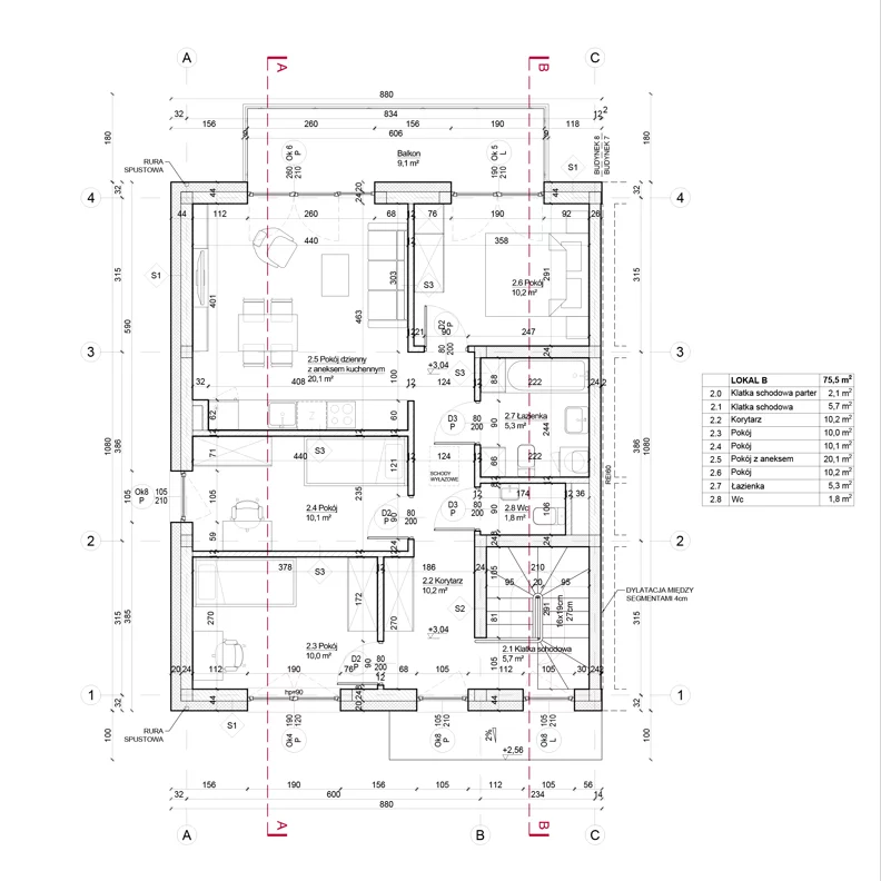 4 pokoje, mieszkanie 75,50 m², piętro 1, oferta nr 8B, Apartamenty Południowa, Dys, ul. Południowa