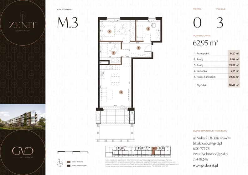 3 pokoje, apartament 62,95 m², parter, oferta nr M3, ZENIT Głowackiego, Kraków, Bronowice, ul. Głowackiego 22