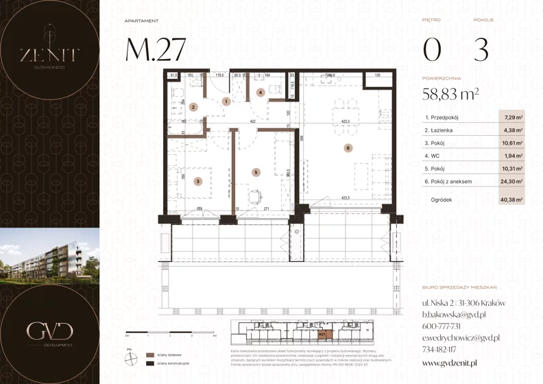3 pokoje, apartament 58,83 m², parter, oferta nr M27, ZENIT Głowackiego, Kraków, Bronowice, ul. Głowackiego 22