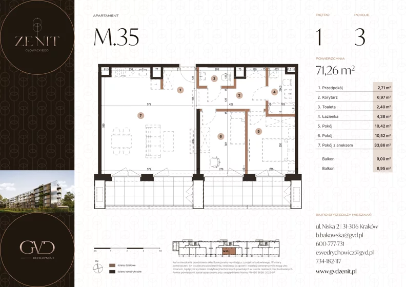 3 pokoje, apartament 71,26 m², piętro 1, oferta nr M35, ZENIT Głowackiego, Kraków, Bronowice, ul. Głowackiego 22