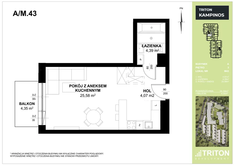 Mieszkanie 34,04 m², piętro 3, oferta nr A_M43, Triton Kampinos III, Łomna-Las, ul. Wiśniowa 5