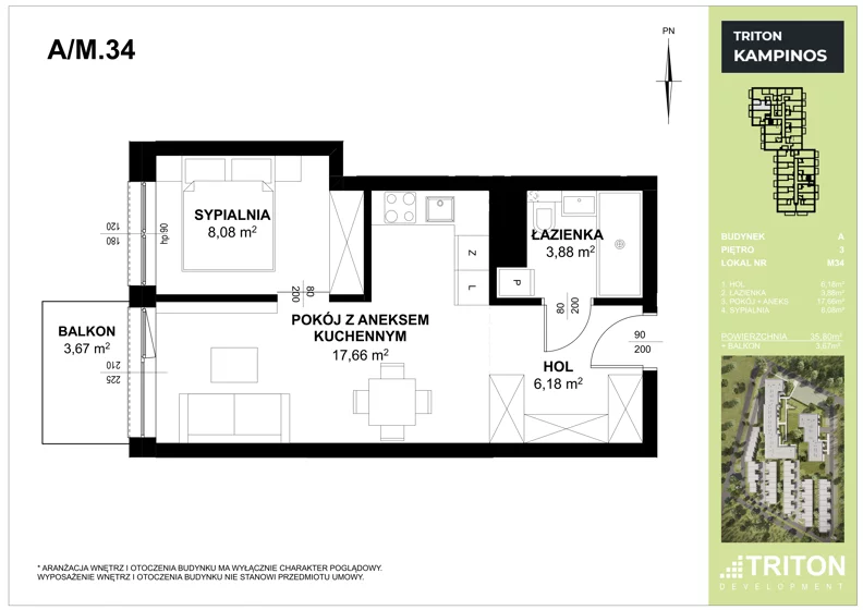 Mieszkanie 35,80 m², piętro 3, oferta nr A_M34, Triton Kampinos III, Łomna-Las, ul. Wiśniowa 5