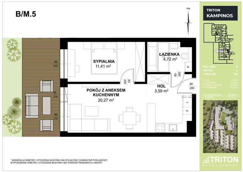 Mieszkanie 39,99 m², parter, oferta nr B_M5, Triton Kampinos III, Łomna-Las, ul. Wiśniowa 5