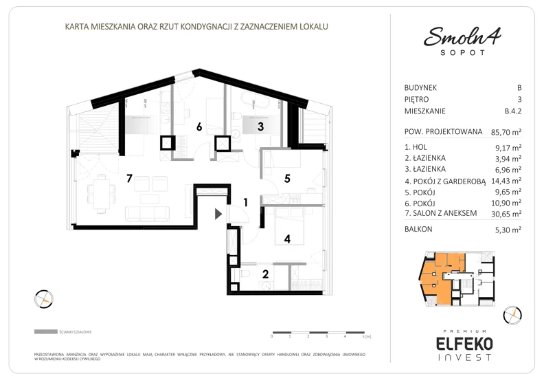 4 pokoje, mieszkanie 85,70 m², piętro 3, oferta nr B.4.2, Smolna 4, Sopot, Świemirowo, ul. Smolna 4