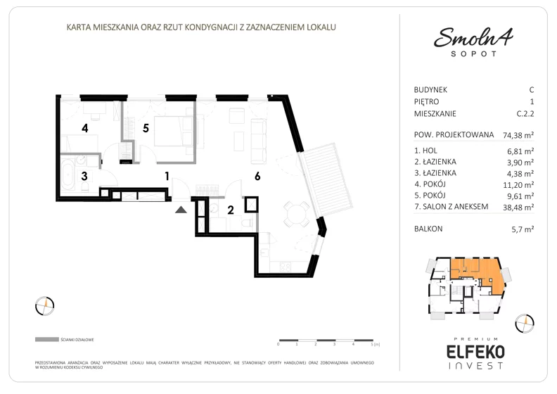 3 pokoje, mieszkanie 74,38 m², piętro 1, oferta nr C.2.2, Smolna 4, Sopot, Świemirowo, ul. Smolna 4